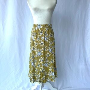 SJS Mustard Yellow Floral Midi Skirt with Ruffle Hem - Size S
